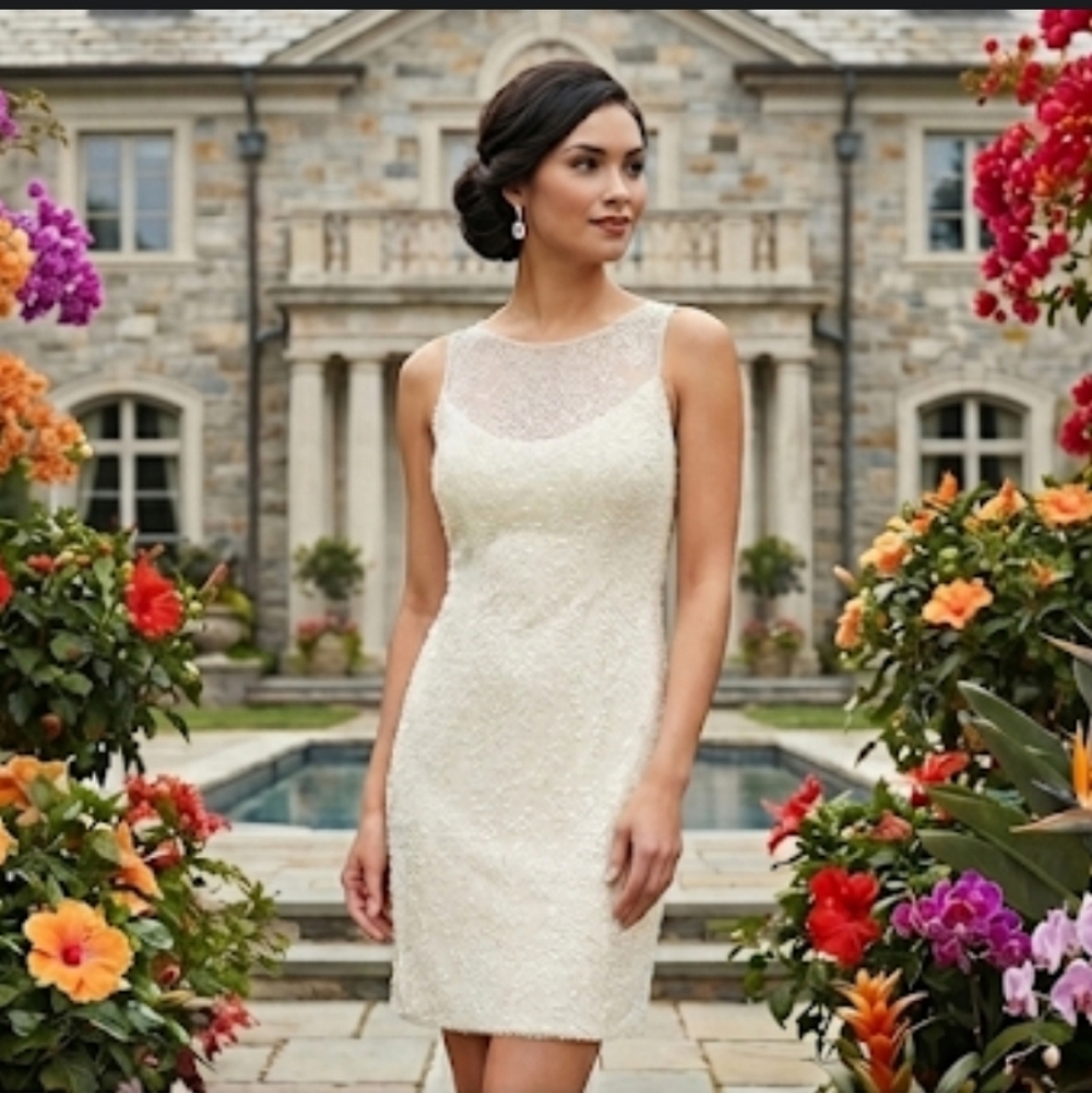 Sue Wong Cream Mini Dress Intricate Detailing